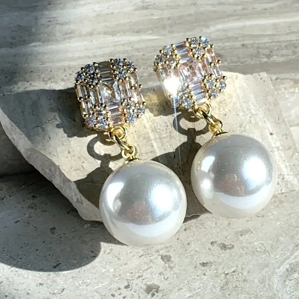 NEW~ Anthropologie BHLDN Square Crystal Pearl Dangle Earrings